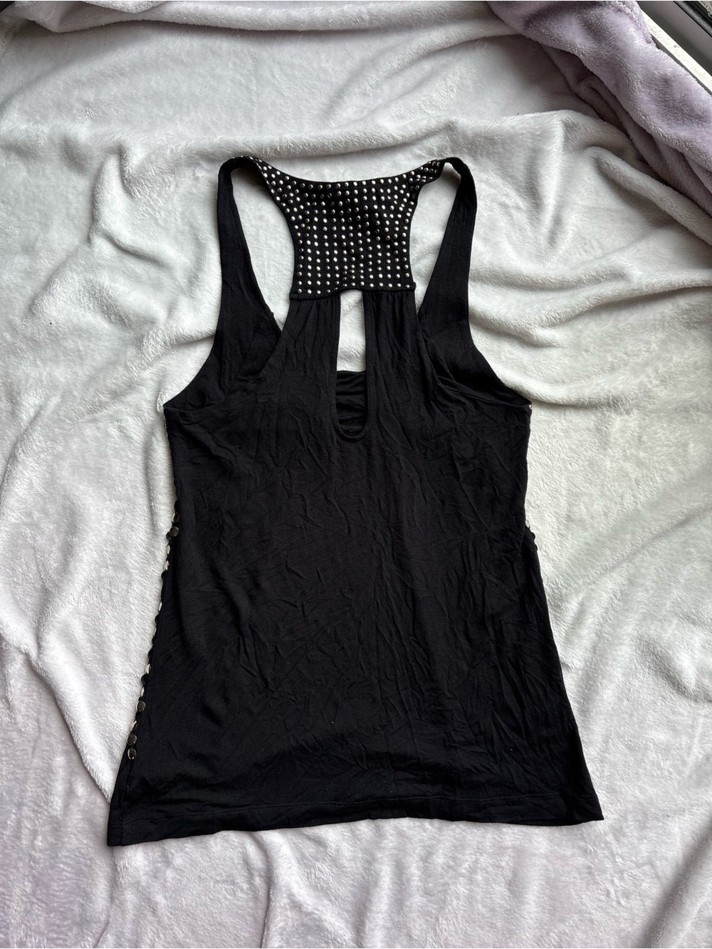 BeBe Black Studded Sequin embellished Racerback Tank Top with Sequin Panel - Picture 4 of 4